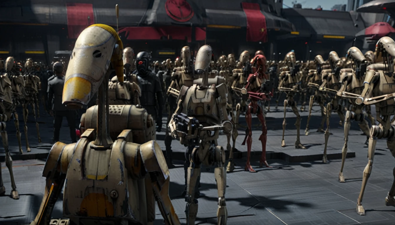 The background is blurred、(Masterpiece、８ｋ、Very detailed and well written、Is being rendered、UE5.0、Best lighting and shadows)、Respect for the original、ＣＧwork、Photorealistic、Beautifully aligned、(An army of black-painted modified B1 droids for the Galactic Empire)、Standby、Vision、Coruscant spaceport、Star Wars universe、unmanned