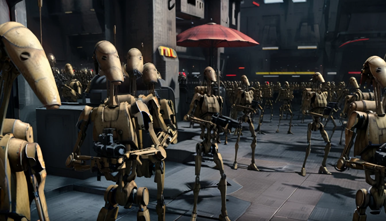 The background is blurred、(Masterpiece、８ｋ、Very detailed and well written、Is being rendered、UE5.0、Best lighting and shadows)、Respect for the original、ＣＧwork、Photorealistic、Beautifully aligned、(An army of black-painted modified B1 droids for the Galactic Empire)、Standby、Vision、Coruscant spaceport、Star Wars universe、unmanned