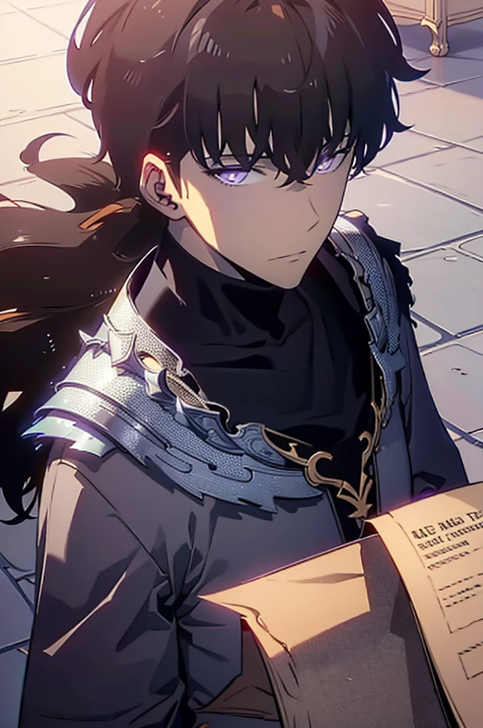 1.5, best quality, high quality, High definition, High quality texture, high detail, beautiful detailed, finely detailed, extremely detailed cg, detailed texture, 1man, boy, male, ((shadow monarch)), brown hair, mullet, shaggy hair, fantasy armor, light armor, casual attire, almighty, large purple flame-like aura emanating off of body, close up, portrait, imposing, level with camera, facing camera