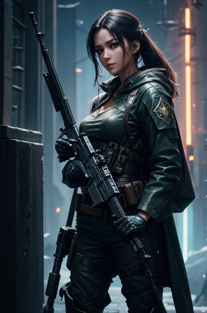 A beautiful woman in cyberpunk magical fantasy world, highly detailed face, holding a magical glowing rifle, epic design, magical glowing weapons, wearing practical combat outfit, military uniform-like clothing, engaging in combat action, cool beauty