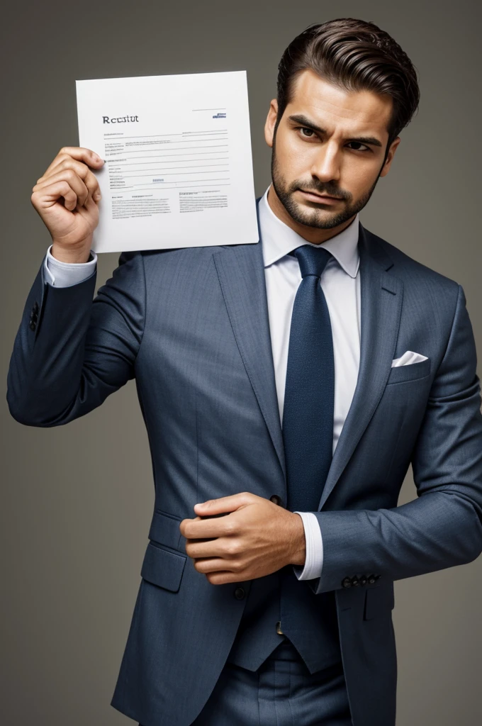 Image of a man in a suit who forgot to hand in the report and touches his head with a 7cm square sheet in his hand that says activity report 
