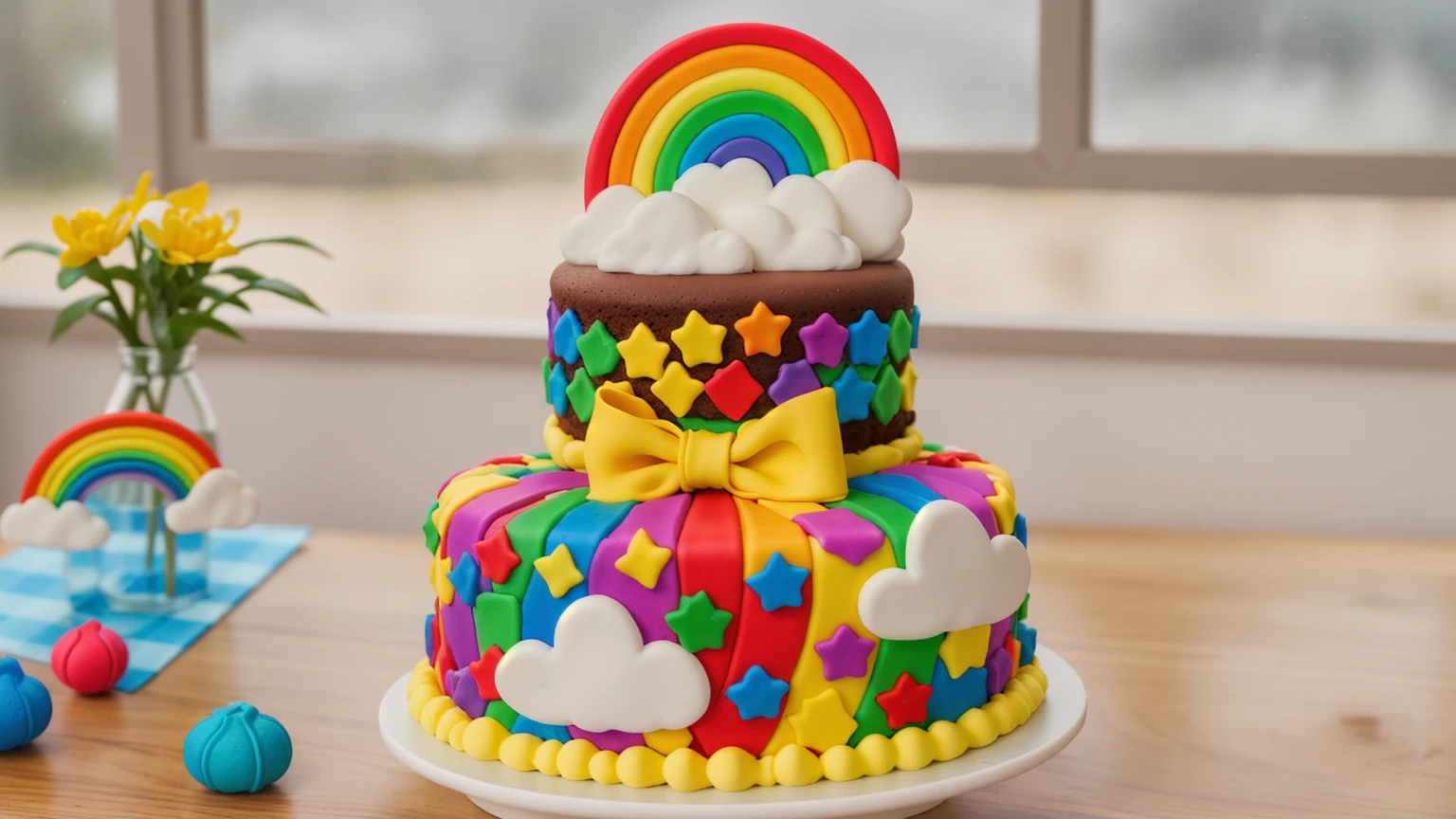 on a wooden table, two-tier cake on a white plate. chocolate cake. polymer clay cake decor, rainbow stripes, rainbow stars, white glazes made of polymer clay, Yellow bow, polymer clay rainbow, brown cream near a rainbow in the shape of clouds. на деревянном столе голубая сккатерть в клеточку на которой лежат rainbow stars и polymer clay rainbow. against the background of the kitchen, against the background of the window, Beautiful light from the window, Beautiful sunlight, bright lighting, there is a vase with a plant on a wooden table. Realistic style, realistic texture, detailed texture, high quality, A high resolution, macro photography, ultra hd 4k, 