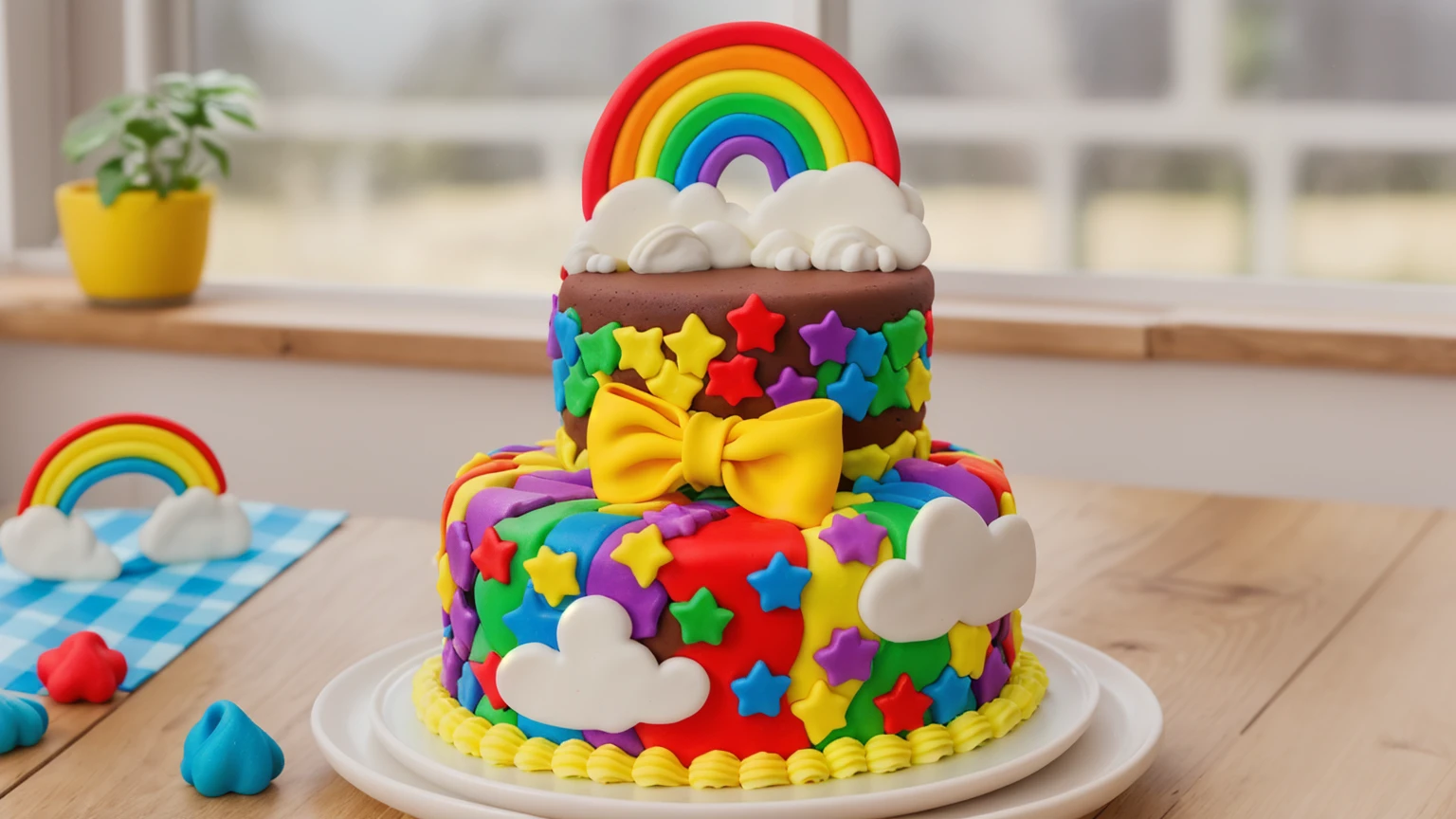 on a wooden table, two-tier cake on a white plate. chocolate cake. polymer clay cake decor, rainbow stripes, rainbow stars, white glazes made of polymer clay, Yellow bow, polymer clay rainbow, brown cream near a rainbow in the shape of clouds. на деревянном столе голубая сккатерть в клеточку на которой лежат rainbow stars и polymer clay rainbow. against the background of the kitchen, against the background of the window, Beautiful light from the window, Beautiful sunlight, bright lighting, there is a vase with a plant on a wooden table. Realistic style, realistic texture, detailed texture, high quality, A high resolution, macro photography, ultra hd 4k,