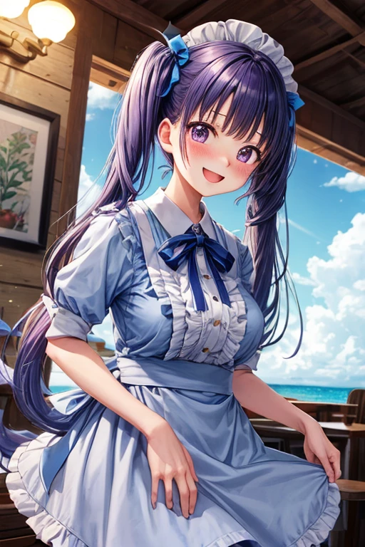 One woman,Twin tails,big tail,Cafe Waitress,eye_purple, light blueい髪,blush,light blueのロリータファッション,light blue_uniform,one piece,ストライプribbon,Frills,ribbon,Laughter,cute,Ocean
