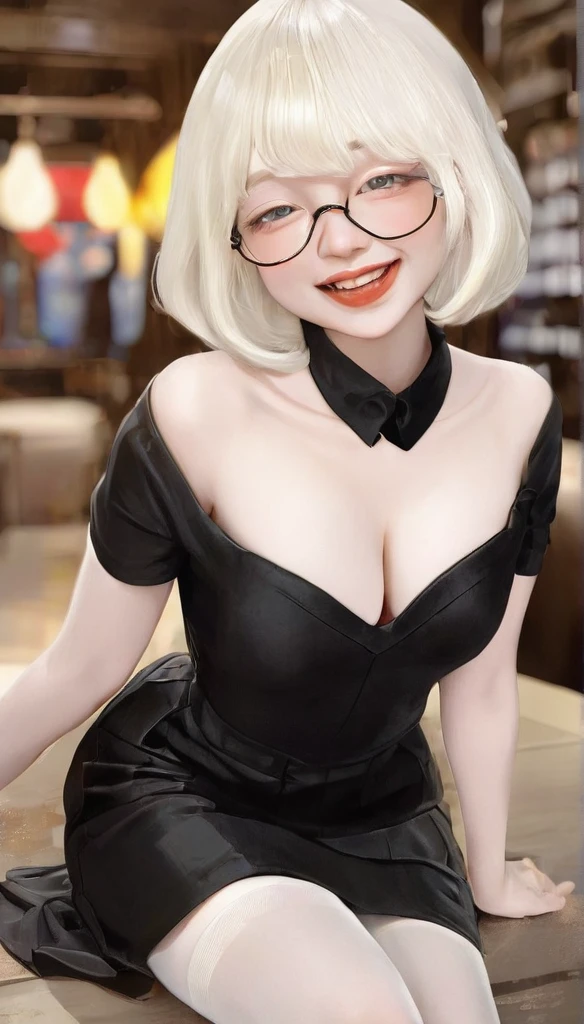 ((Ultra-realistic illustrations:1.3)),(Black clothes), Cute 18 year old (albino:1.4)Women of Asian descent.(short:1.1), , Long brunette hair, brown Eyeswith yellow glow, Innocent look. kind.(virgin), (joy:1.2),(smile:1.3). (Playful:1.2). mascara, Glasses, Red lipstick, dress, (Black Pantyhose), pumps. masterpiece, (Very detailed:1.2),(Detailed face and eyes:1.2), 8k wallpaper, Moody lighting. Core Shadow, High Contrast, Bokeh, big breasts