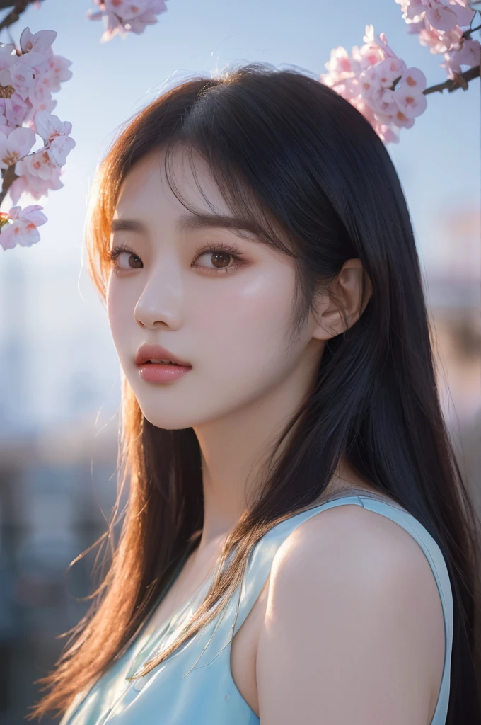 Alafid (Arafed) Asian woman with long hair and blue dress posing for photo, Soft portrait shots 8 k, Nam Jae-yeon, Portrait of a Korean female idol, Shin Jin Hye, 8k Artistic German Bokeh, Beautiful Korean woman, Korean Artist, inspired by Yanjun Cheng, Beautiful portrait images, by Yanjun Cheng, Portrait of Blackpink member Jossi