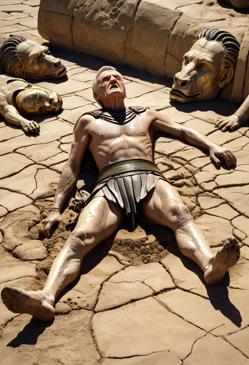 "A detailed image of Crassus lying lifeless on the ground, with traces of molten gold around his mouth. The Parthians stand around, showing a mix of disdain and triumph."
Size: "1024x1024"