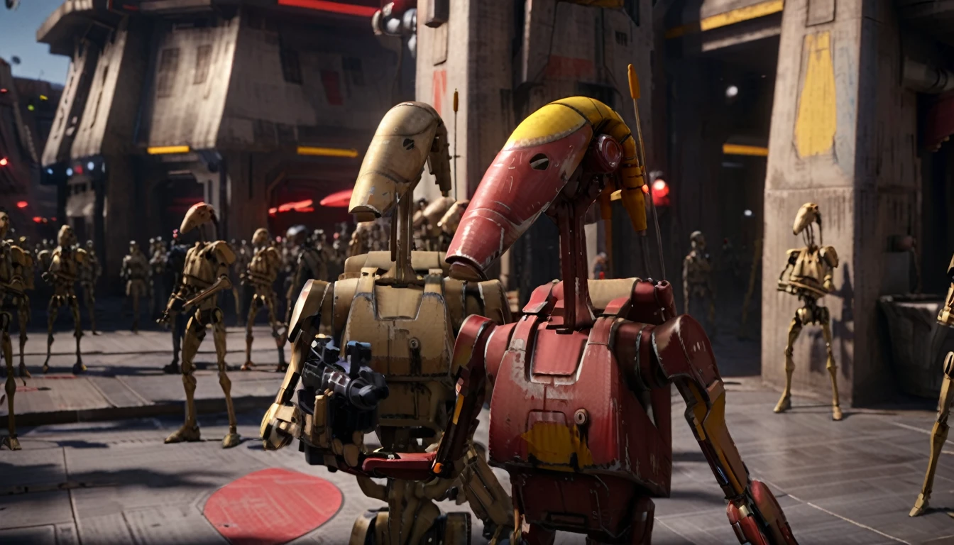 The background is blurred、(Masterpiece、８ｋ、Very detailed and well written、Is being rendered、UE5.0、Best lighting and shadows)、Respect for the original、ＣＧwork、Photorealistic、Beautifully aligned、(A rebel painted droideka)、Standby、Vision、Coruscant spaceport、Star Wars universe、unmanned