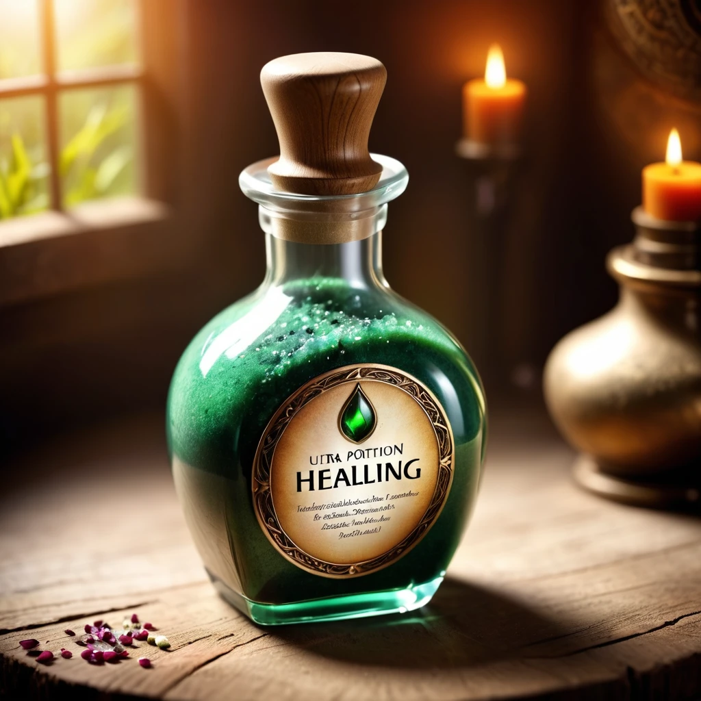 Potion of healing, close-up, no cropping, with label, ultra detailds, ultra detaild background, potion has a label,