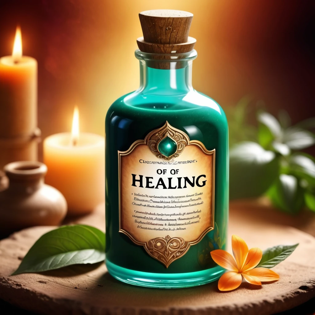 Potion of healing, close-up, no cropping, with label, ultra detailds, ultra detaild background, potion has a label,