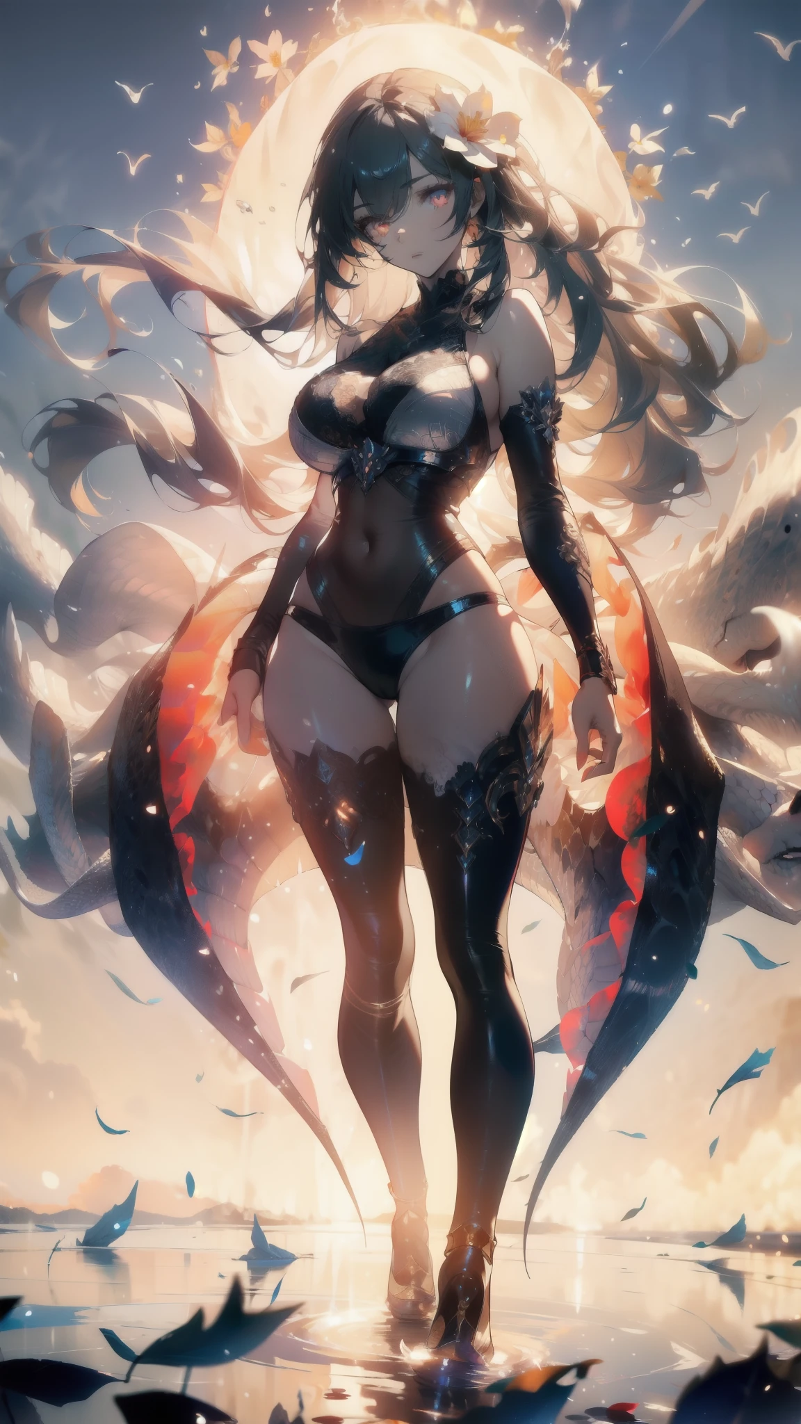 ((masterpiece, best quality)), Epic battlefield atmosphere，Delicate face，Dragon Girl，sunshine，whole body，Standing picture，glowing eyes，Large Breasts，Gradient white long wavy hair，Perfect body proportions，Pure white background，Water Ripples，Lace，flower，Fallen Leaves，Sex bikini，High heel