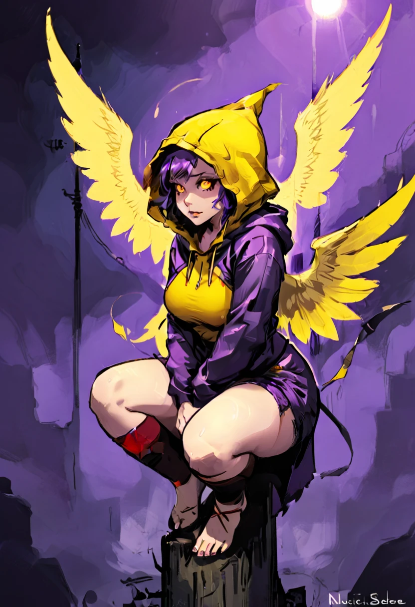 score_9, score_8_up, score_7_up, score_6_up, score_5_up, score_4_up, BREAK source_anime,rating_risky,a girl, curvy, pale skin, harpy, squatting on a pole, wings outstretched, face hidden in shadows, hood on head, yellow glowing eyes, thich thighs, shorts, tight clothing, bold comic style, purple clothes with yellow highlights
