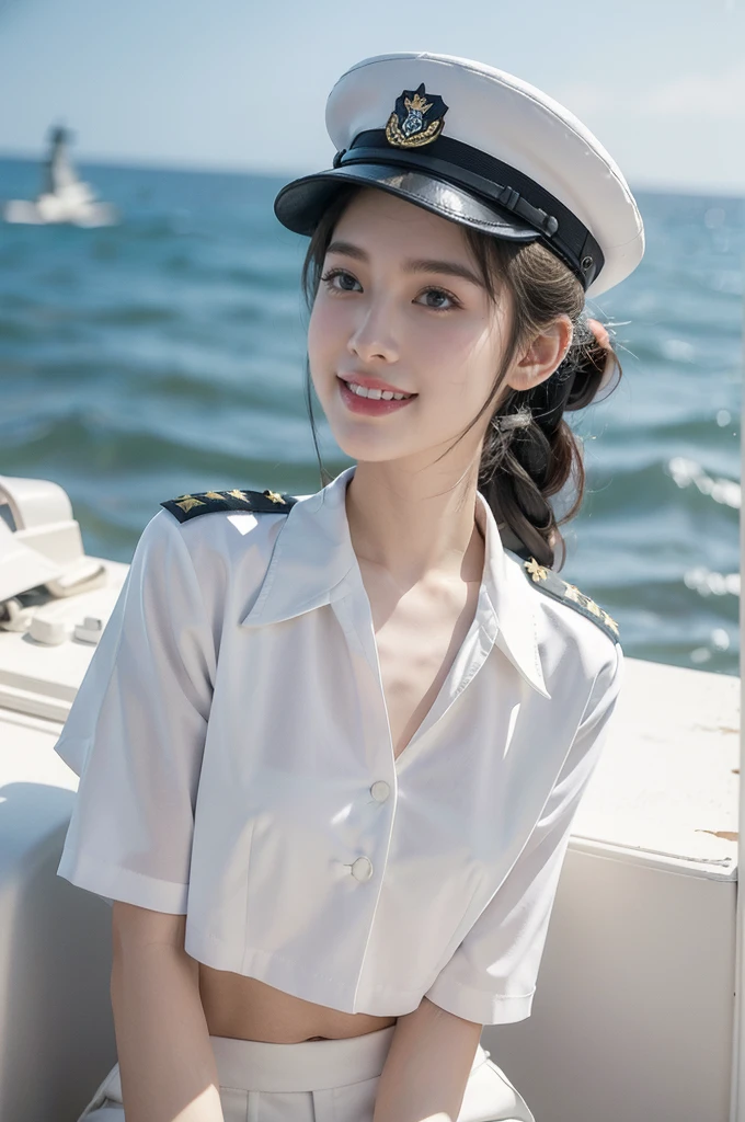 (((best quality))),(((ultra detailed))),(((masterpiece))),illustration,((1 beautiful girl,solo)),((slim,thin)),((small breasts,flat chest)),(White military hat:1.3),(short ponytail:1.2),((white collared short-sleeved military uniform)),((white pants)),((on aircraft carrier,warship)),summertime, day scene, vast ocean, blue sky, radiant smile, youthful charm,anchor symbol, marine-inspired attire, strength, power, ((fighter jets)), sleek design, powerful engines, awe, wonder, opportunities, possibilities, sun, warm glow, joy, excitement, vibrant smile, captivating surroundings, picturesque moment, summer beauty, ocean strength, human ingenuity, endless possibilities,((from front,upper body))