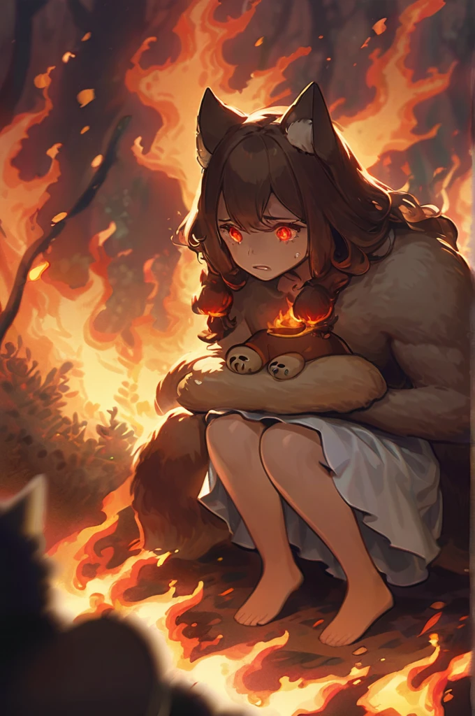 ((Лучшее качество)), ((шедевр)), (подробный), 1 fox girl,1 bear guy, long red hair, voluminous fluffy hair, fox ears, neko, gray eyes , tears, screams , tantrum, medium chest, (medium chest:1.3), in a white dress, sitting on his knees, holding , hugging a guy to himself, tears , hysteria, background burning forest , fire, fire, guy , guy neko, bear ears, brown hair, bright red eyes, glowing eyes, covers a girl from the fire