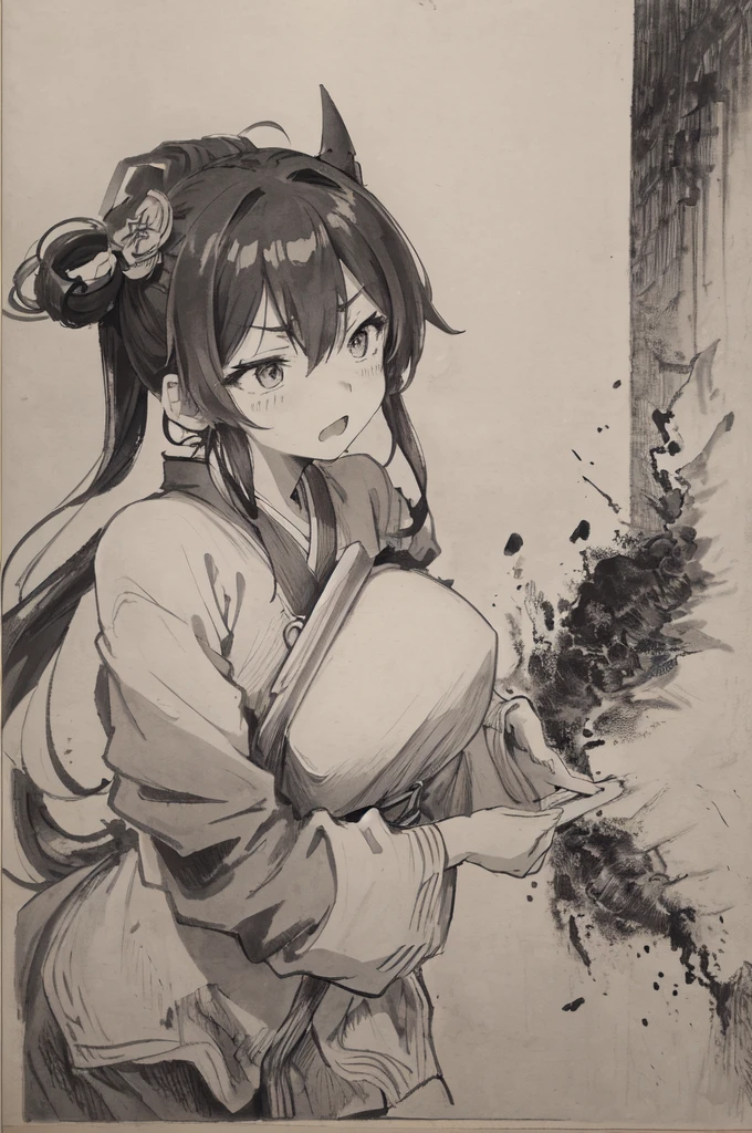 (Highest quality、High resolution、8K、masterpiece: 1.2)。A picture of a monster drawn in black ink on a concrete wall。A beautiful girl is seen smashing the concrete wall into pieces.。(1 Beautiful Girl:Kunoichi、A punch powerful enough to shatter a wall、Angry expression、Casual clothes、teeth、cheek、Dynamic punches)、Monochrome、Line art thicker、Dynamic depiction、