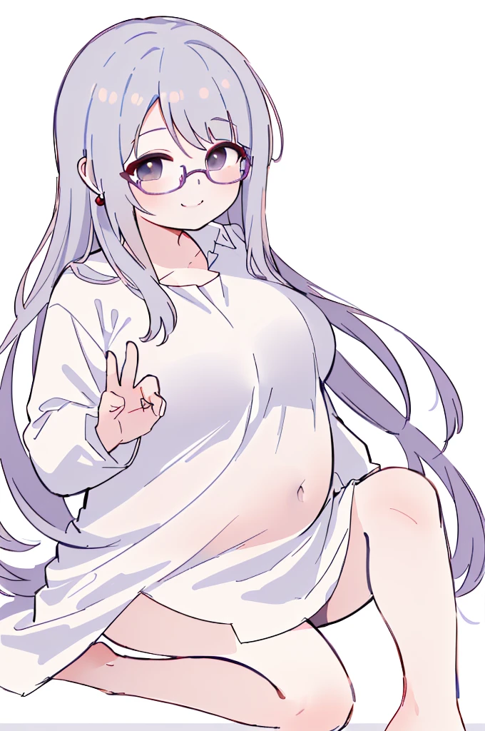 (bust:1.5),책 더미 위에 앉아 있는 big bust을 가진 애니메이션 캐릭터, Tsk tsk, , She has a jiggly, fat, round belly, brother, Ahegao, Kantai Collection Style, Fat Chan, thick black lineart, Shikamimi, cel shaded animation, brother proportions, big tummy, umamusume,(big bust:1.5), (Black eyes with a slight purple tint:1.5), (Very white and long hair with a bluish tint, weak perm:1.5), (white sleeves wrapped around arms, oversized white shirt, oversized white shirt:1.5), (bare foot, round-rimmed glasses:1.5), (Belly Fat, muffin top, plump:1.1), (smiling faintly:1.5),(human ear,thin legs:1.5),