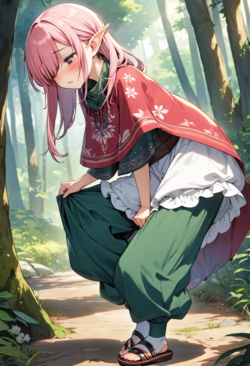 BREAK Perfect Anatomy、(High resolution:1.2)、Incredible illustrations、(Cute illustrations:1.2)、
(Beautiful background(deep in the forest))
1 girl((multicolored pink hair hair,(bangs over eyes), embarrassed)1girl((a girl,elf 1.5meters, 25kg,18 years old female,
((tunic,poncho,(loose pants,bloomers),thigh-high socks, sandals),tilting head,(dress lift)