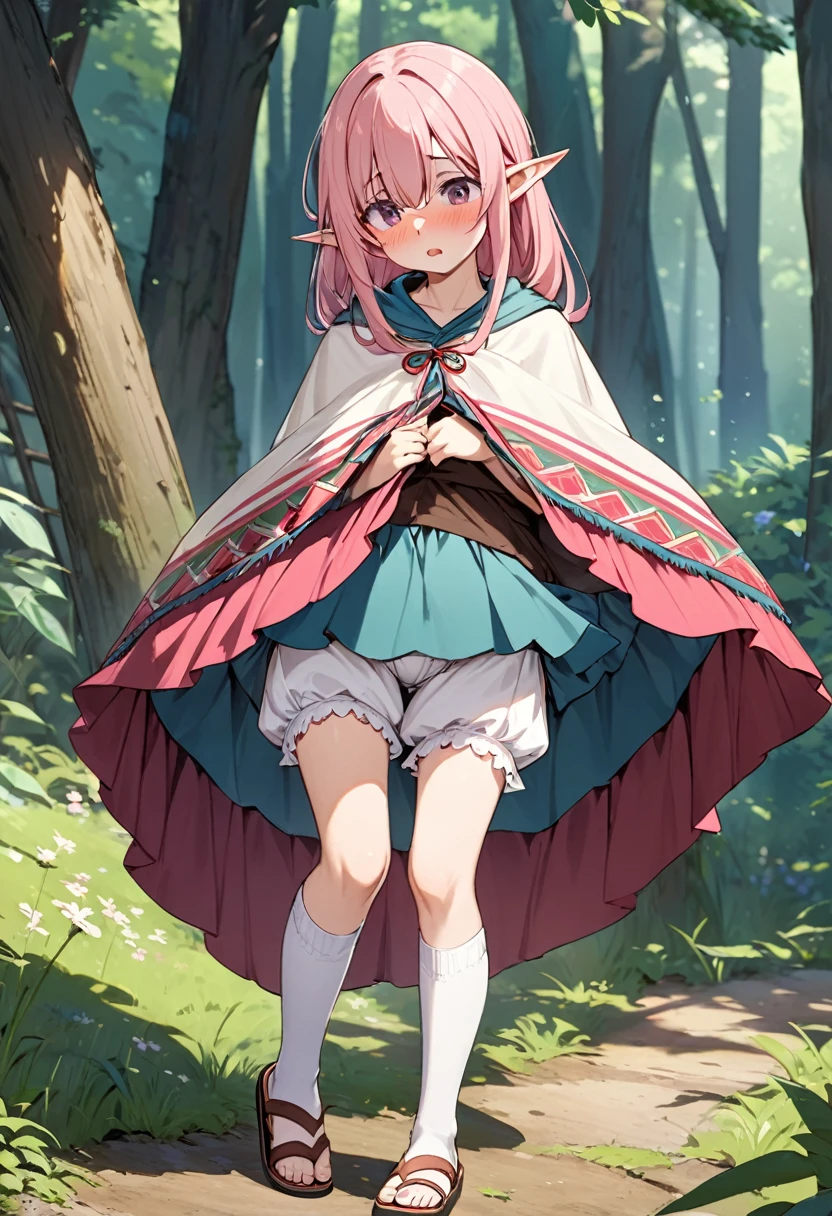 BREAK Perfect Anatomy、(High resolution:1.2)、Incredible illustrations、(Cute illustrations:1.2)、
(Beautiful background(deep in the forest))
1 girl((multicolored pink hair hair,(bangs over eyes), embarrassed)1girl((a girl,elf 1.5meters, 25kg,18 years old female,
((tunic,poncho,(loose pants,bloomers),thigh-high socks, sandals),tilting head,(dress lift)