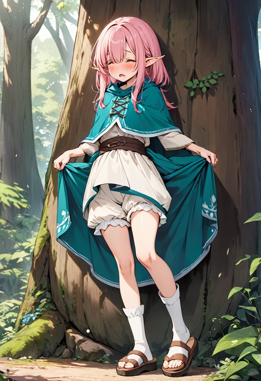 BREAK Perfect Anatomy、(High resolution:1.2)、Incredible illustrations、(Cute illustrations:1.2)、
（Beautiful background（deep in the forest))
 1 girl((multicolored pink hair hair,(bangs over eyes), embarrassed)1girl((a girl,elf 1.5meters, 25kg,18 years old female, 
((tunic,poncho,(loose pants,bloomers),thigh-high socks, sandals),tilting head,(dress lift)
