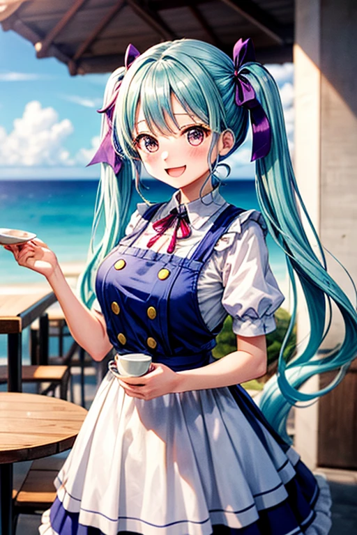 One woman,Twin tails,big tail,Cafe Waitress,eye_purple, light blueい髪,blush,light blueのロリータファッション,light blue_uniform,one piece,ストライプribbon,Frills,ribbon,Laughter,cute,Ocean