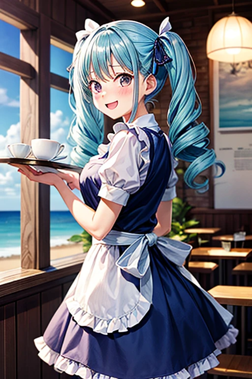 One woman,Twin tails,big tail,Cafe Waitress,eye_purple, light blueい髪,blush,light blueのロリータファッション,light blue_uniform,one piece,ストライプribbon,Frills,ribbon,Laughter,cute,Ocean