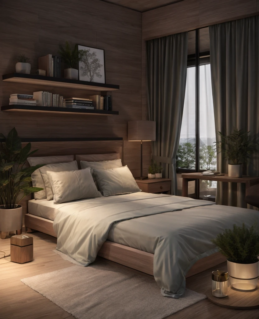 modern bedroom, cenery, indoors, window, lamp, bed, table, curtains, pillow, couch, chair, cup, bedroom, television, blanket, box, mirror, cabinet, no humans, wooden floor, cinematic lighting, 3dsmax, vray,RAW photo, 8k uhd, dslr, soft lighting, high quality, film grain, Fujifilm XT3