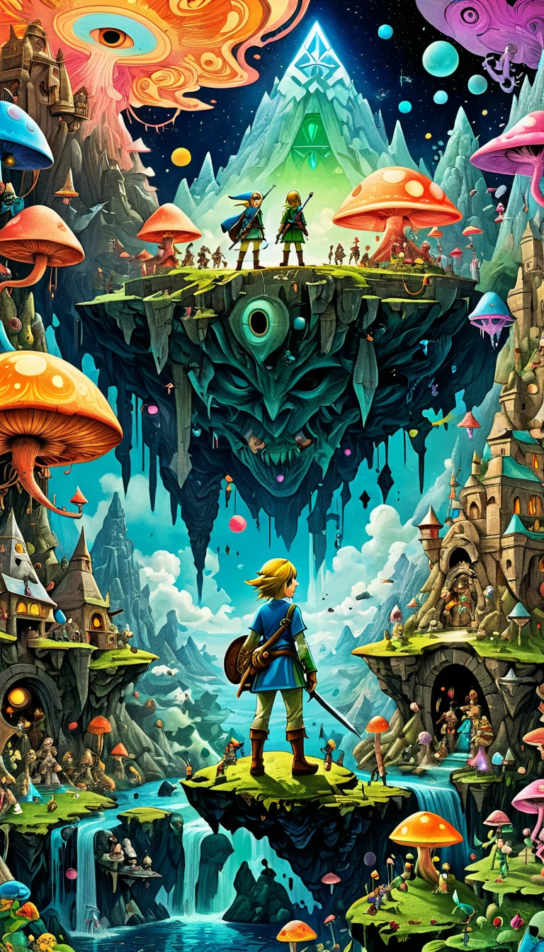 whole body, The Legend of Zelda game characters, Zelda Comics, man, Zelda character ff, Ian Mack's style, Chen Taimei, Fashionable clothing design, Horror Dungeon Description, Jean Baptiste Monge, academia,Giant cosmic layered action map,Asymmetrical composition,Psychedelic surrealist art, Estero and Mumford and Alex Gray, Psychedelic illustration, Ultra-detailed fantasy art, Ultra-forward art-details, Psychedelic Art品, Surreal + Very detailed, Highly detailed 4k digital art, Psychic trance art, director: Justin Gerard, 4K Fine Digital Art, Psychedelic Art, Surreal psychedelic design, Flip chart design poster