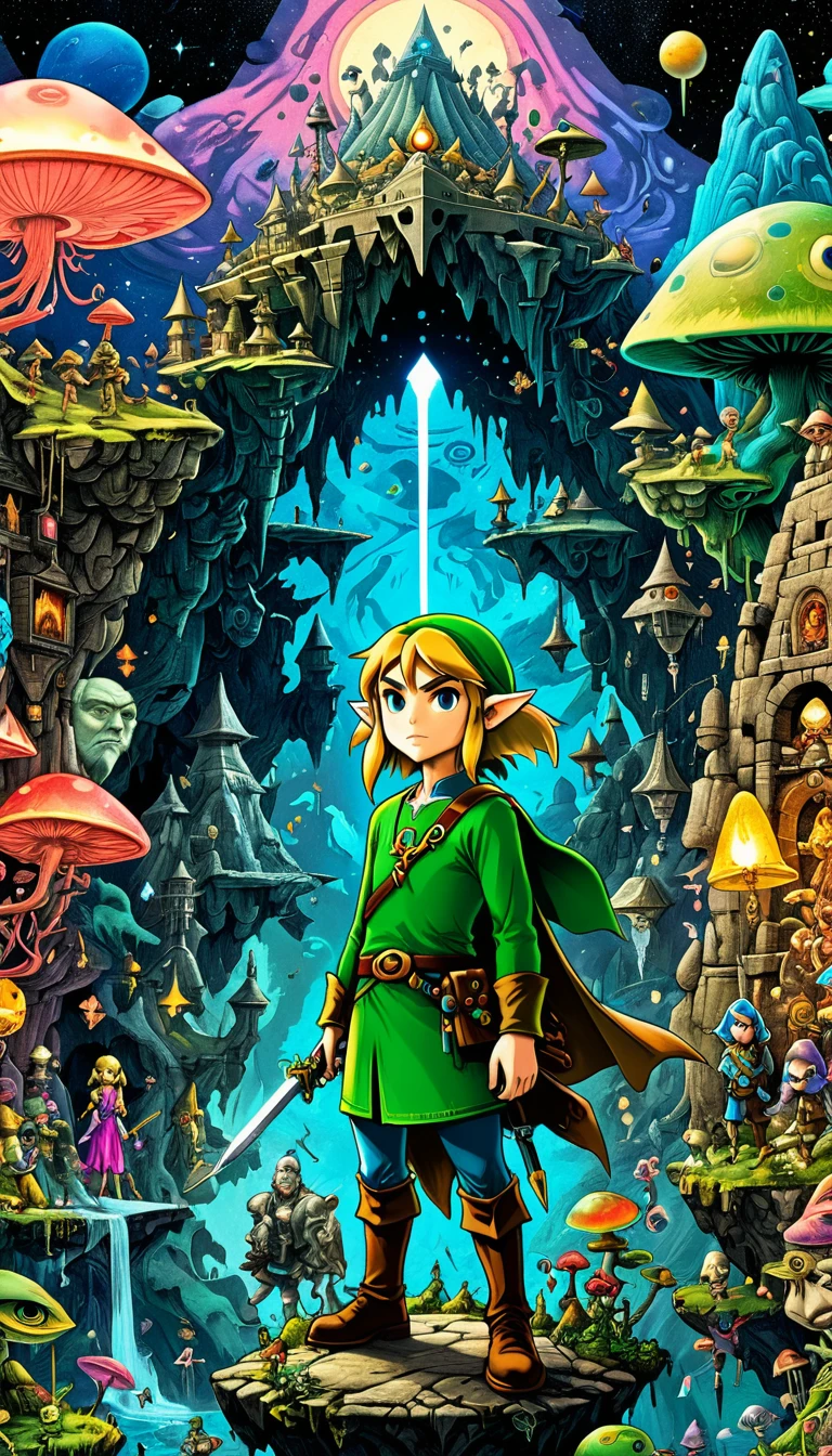 whole body, The Legend of Zelda game characters, Zelda Comics, man, Zelda character ff, Ian Mack's style, Chen Taimei, Fashionable clothing design, Horror Dungeon Description, Jean Baptiste Monge, academia，Giant cosmic layered action map，Asymmetrical composition，Psychedelic surrealist art, Estero and Mumford and Alex Gray, Psychedelic illustration, Ultra-detailed fantasy art, Ultra-forward art-details, Psychedelic Art品, Surreal + Very detailed, Highly detailed 4k digital art, Psychic trance art, director: Justin Gerard, 4K Fine Digital Art, Psychedelic Art, Surreal psychedelic design, Flip chart design poster
