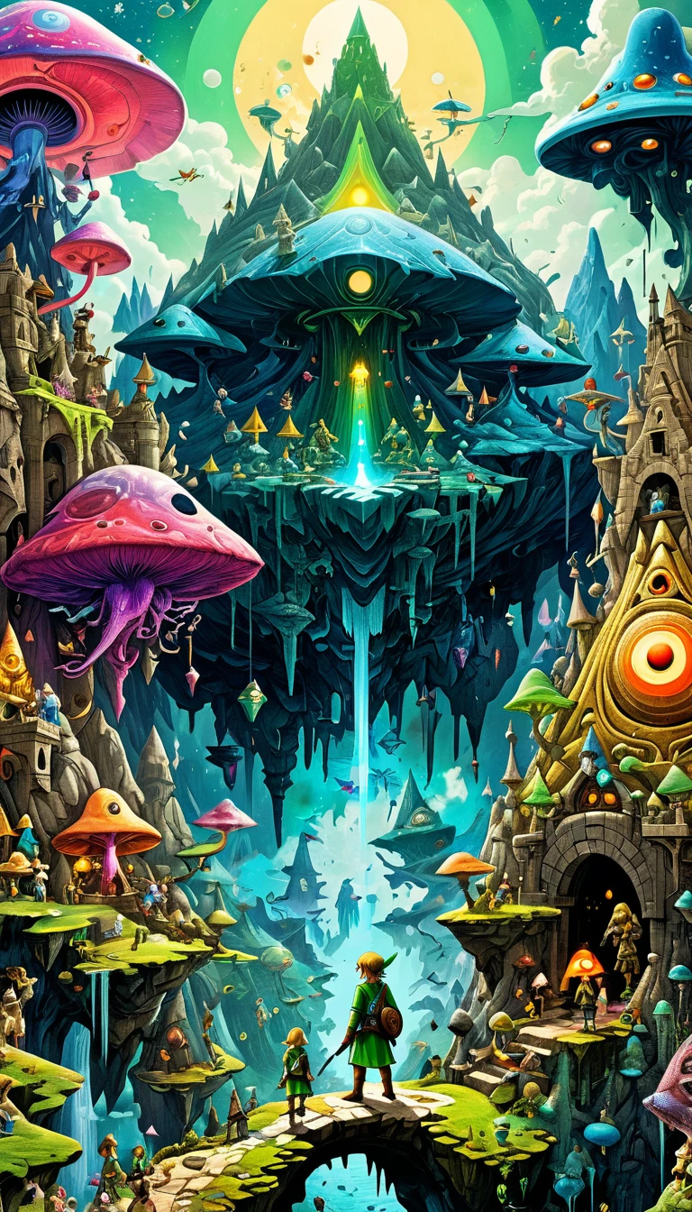 whole body, The Legend of Zelda game characters, Zelda Comics, man, Zelda character ff, Ian Mack's style, Chen Taimei, Fashionable clothing design, Horror Dungeon Description, Jean Baptiste Monge, academia，Giant cosmic layered action map，Asymmetrical composition，Psychedelic surrealist art, Estero and Mumford and Alex Gray, Psychedelic illustration, Ultra-detailed fantasy art, Ultra-forward art-details, Psychedelic Art品, Surreal + Very detailed, Highly detailed 4k digital art, Psychic trance art, director: Justin Gerard, 4K Fine Digital Art, Psychedelic Art, Surreal psychedelic design, Flip chart design poster