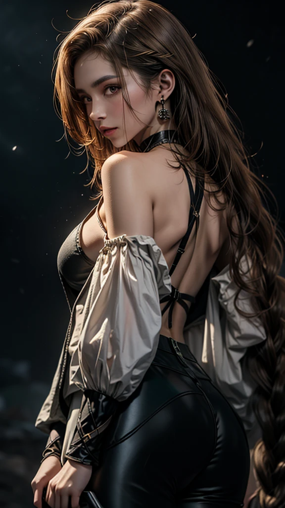  Masterpiece, Beautiful art, professional artist, 8k, art style by sciamano240, detailed body, Very detailed face, very detailed eyes, Detailed clothing, detailed fabric, Best Quality, better resolution, 1 Mexican soldier, brown eyes seen from behind, perfect ass, standing, big breasts, serious expression, At night , long brown hair, choker:1.6, black gloves that cover your hands, holding a gun in his hand, (bright green and brown leggings), looking at the viewer, Dark City, Atmosphere, fog, At night