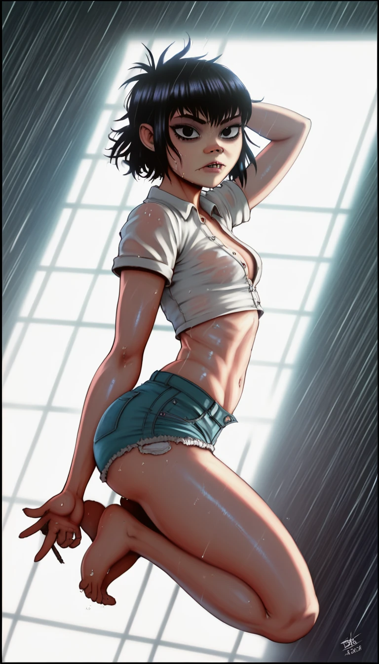 (masterpiece, best quality:1.2),  noodle (gorillaz), full-body shot ,black hair, 1girl, streaked hair, black eyes, multicolored hair, bangs, parted lips, breasts, small breasts, bob cut, thick butt, cameltoe, White background, ((white unbuttoned crop-top, unbuttoned short shorts, barefoot)), pulling down shorts, masterpiece, best quality, absurdres, highres, 4k, ray tracing, perfect face, perfect eyes, intricate details, highly detailed, (best quality:1.33), (masterpiece:1.42),(semi realistic:1.3), (detailed:1.15),(skin details), Dappled Light, analog style (look at viewer), (skin texture), (realistic texture skin), cinematic light, side lighting, ultra high res, best shadow, RAW, (Dutch angle:1.1), lightroom, cinematic, hdr, raw, (intricate:1.4), high quality, soothing tones, intricate details, low contrast, extremely high quality RAW photograph, detailed background, intricate, Exquisite details and textures, highly detailed, ultra detailed photograph, warm lighting, 4k, sharp focus, high resolution, detailed skin, detailed eyes, 8k uhd, dslr, high quality, film grain, Fujifilm XT3, 
Rainy Day: The diffused light and wet surfaces on a rainy day can create a moody and atmospheric environment, perfect for capturing reflections and street photography.,