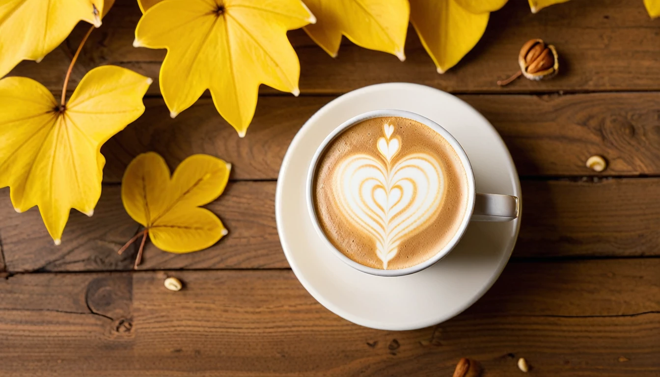 Create an image of a cozy autumn-themed setting featuring a white cup with a heart-shaped latte art on top, placed on a wooden surface. Next to the cup, there's a slice of layered cake topped with cream and banana slices. Scattered around are some whole and shelled nuts, adding to the warm and inviting atmosphere. The scene is bathed in soft sunlight filtering through yellow leaves, enhancing the golden tones of the setting.