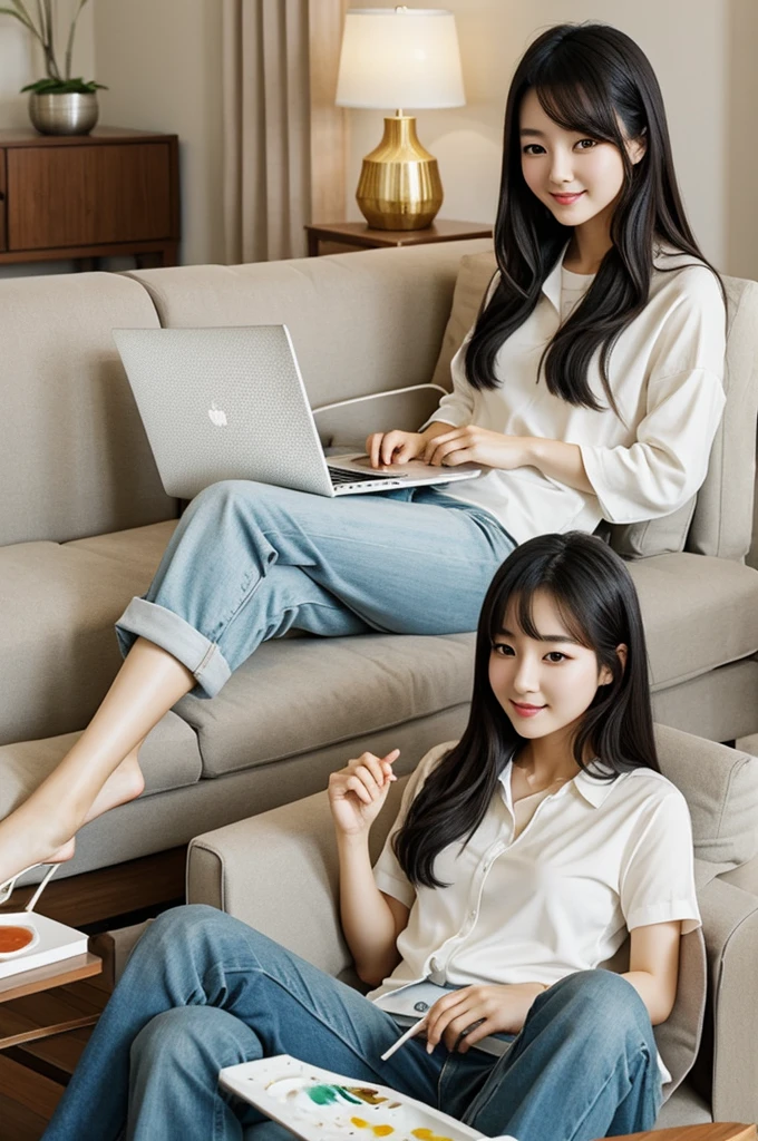 A Korean-style beautiful girl in watercolor painting、Stylish living room、Time for yourself before bed、Working on a laptop