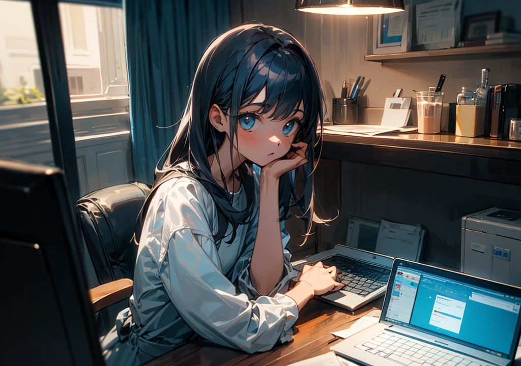 A girl looking at a laptop with a cup of coffee in a room at night　