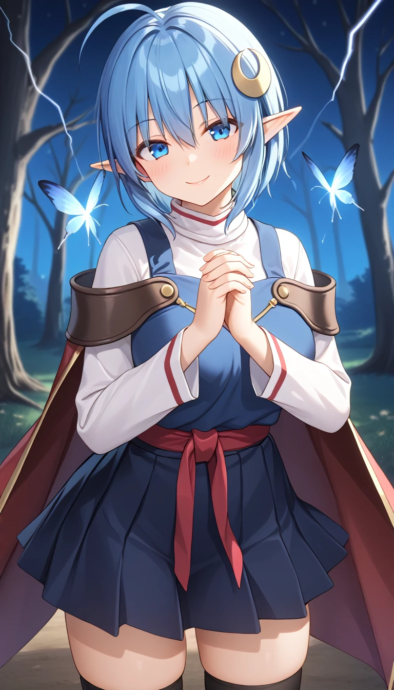 1girl, RENA LANFORD, 1GIRL, AHOGE, BLUE HAIR, SHORT HAIR, BLUE EYES, POINTY EARS
CRESCENT HAIR ORNAMENT, RED CAPE, BLUE VEST, LEATHER ARMOR, RED RIBBON, WAIST RIBBON, BLUE SKIRT, MINISKIRT, SHOES, BREAK kawaii, smile, cowboy shot, own hands clasped, forest, night, lightning bug, light particle, BREAK detailed face, smooth skin, cinematic lighting, volumetric shadow, BREAK 3D, CG illustration, score_9,