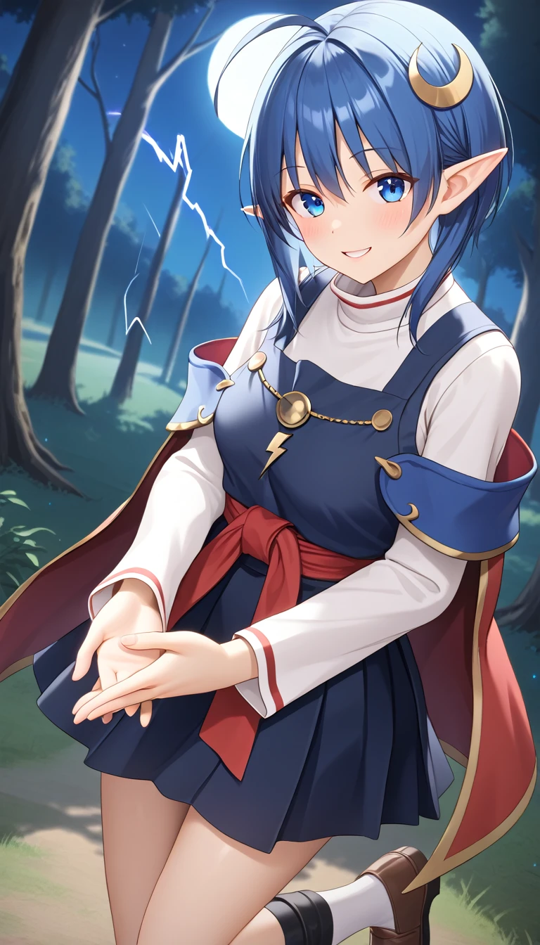 1girl, RENA LANFORD, 1GIRL, AHOGE, BLUE HAIR, SHORT HAIR, BLUE EYES, POINTY EARS
CRESCENT HAIR ORNAMENT, RED CAPE, BLUE VEST, LEATHER ARMOR, RED RIBBON, WAIST RIBBON, BLUE SKIRT, MINISKIRT, SHOES, BREAK kawaii, smile, cowboy shot, own hands clasped, forest, night, lightning bug, light particle, BREAK detailed face, smooth skin, cinematic lighting, volumetric shadow, BREAK 3D, CG illustration, score_9,