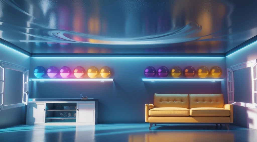 The image displays a vibrant scene featuring a white wardrobe, a yellow couch, and a collection of spheres in various colors, all set against a blue wall with a ceiling light, smooth 3d model, glossy plastic texture, multiple light sources, rim light, sharp post effects render, most beautiful vfx, , realistic, 4k, high resolution, rim light, smooth 3d model. ,  glossy texture, smooth 3d model, multiple light sources, rim light, sharp post effects render, (glossy plastic texture with multiple big light probe refractions), perfect cgi,   reflective, best quality, 4k, masterpiece:1.2, ultra-detailed, realistic, vivid colors, The image of the highest quality, ensuring every detail showcased perfectly. It in 4k resolution, allowing viewers to immerse themselves in the richness of the colors and intricate details. The realistic rendering. under the spotlight, reflecting, high-resolution image, realistic rendering