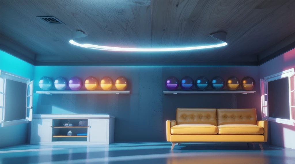 The image displays a vibrant scene featuring a white wardrobe, a yellow couch, and a collection of spheres in various colors, all set against a blue wall with a ceiling light, smooth 3d model, glossy plastic texture, multiple light sources, rim light, sharp post effects render, most beautiful vfx, , realistic, 4k, high resolution, rim light, smooth 3d model. , glossy texture, smooth 3d model, multiple light sources, rim light, sharp post effects render, (glossy plastic texture with multiple big light probe refractions), perfect cgi, reflective, best quality, 4k, masterpiece:1.2, ultra-detailed, realistic, vivid colors, The image of the highest quality, ensuring every detail showcased perfectly. It in 4k resolution, allowing viewers to immerse themselves in the richness of the colors and intricate details. The realistic rendering. under the spotlight, reflecting, high-resolution image, realistic rendering
