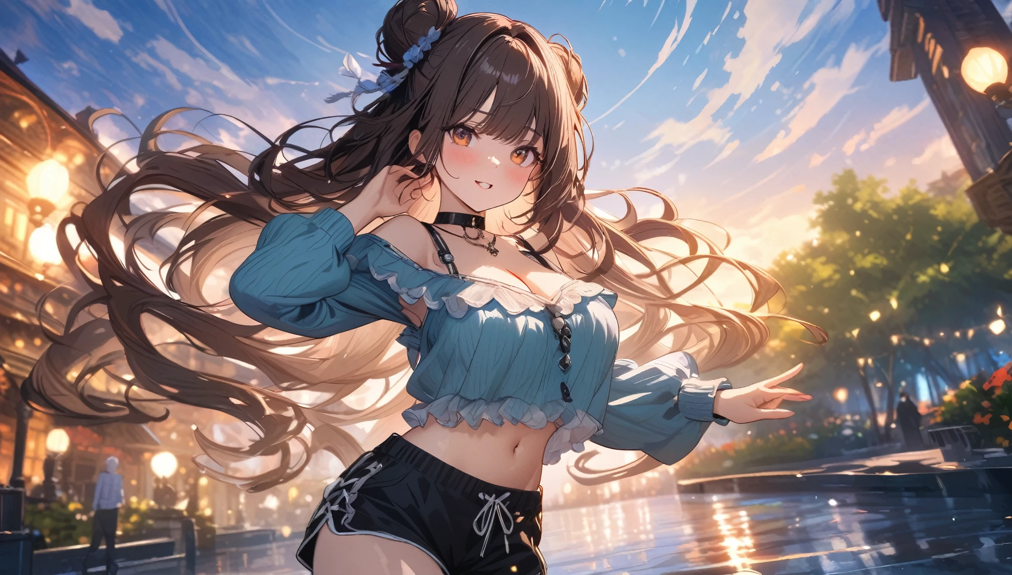 (masterpiece), best quality, very aesthetic, newest, absurdres, detailed, high quality
BREAK
highest quality, top quality, details, highres, ultra fine painting, digital art, official art, cinematic, 4k, 8k resolution, 8K CG wallpaper, CG, original artwork, detailed background, colorful background, blue atmosphere, High Dynamic Range, blurry background, blue hour, Starburst effects, crepuscular rays, good ISO, high resolution, wide shot, from far away, RAW photo, POV, sharp focus, light reflection, reflections, intricate details, soft light, particle noise, professional photography, bokeh, depth of field, natural lighting, vibrant colors, looking away, detailed lights and shadows, stylish, ultra-detailed, top rated on Pixiv, trending on Artstation, niji style, modern-days, master crafted, pose
BREAK
solo, (close up), 1girl, pale skin, correct fingers, detailed hand, (big breasts:1.2), big thighs, small torso, short body, flushtered, blush, anxious expression, embarassed, embarassed act, casual, slim, ((cute, childlike face):1.3), nice body, nice hips, brown hair, (very long flowing hair), (big 2 buns hairstyle)), long bangs, long hair, middle hair bangs, brown eyes
BREAK
(white frilly loose-fitting crop shirt, long sleeve, string sweatshorts, cleavage, choker, casualwear style, detailed tummy, belly button, modern fashion)
BREAK
tranquil park scene, the park features lush, green grass, a variety of trees in different shapes and sizes, Include a vibrant flower garden with a mix of colorful blooms. image size 16:9