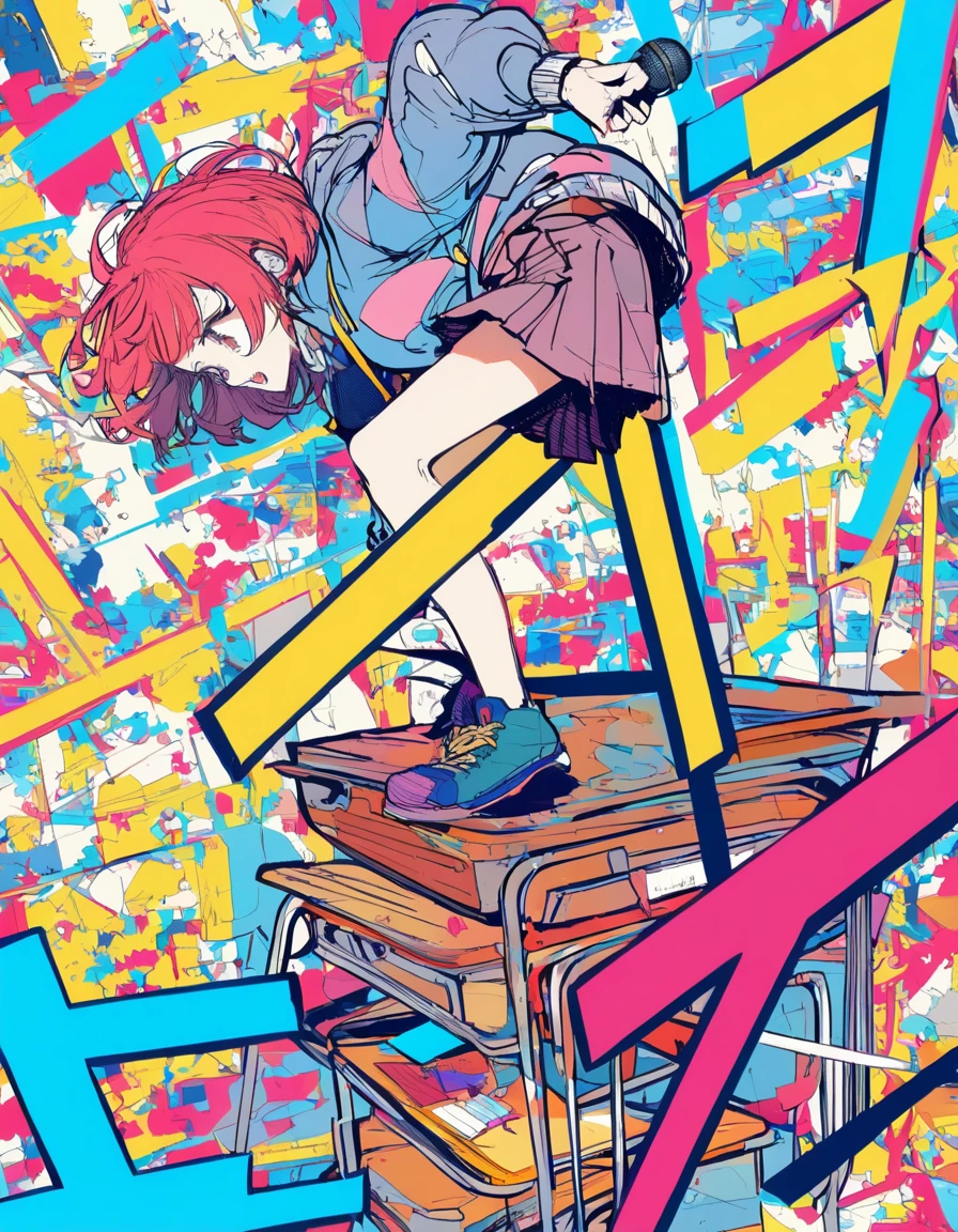 extremely clear 8K wallpaper, extremely delicate and detailed face:1.3, absurdres, masterpiece, by Posuka Demizu, vibrant color, pop art, rough sketch, 1girl standing on a pile of school chairs, dynamic pose, asymmetrical short hair, She screams as hard as she can with a microphone hanging from the sky.,
