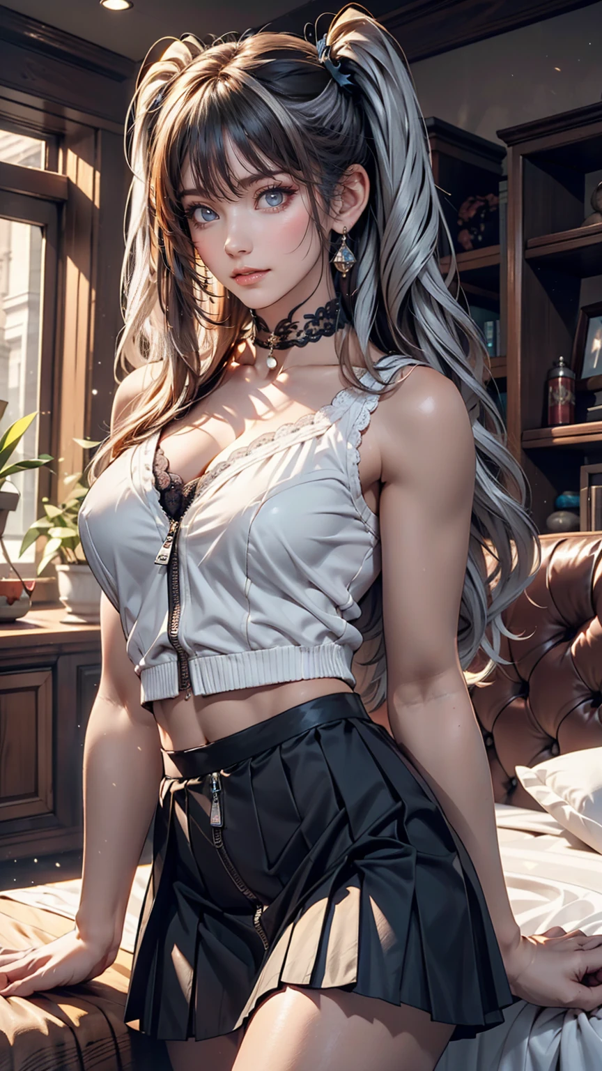 24-year-old female、Silver Hair、Twin tails、Sexy、Sexy proportions、High neck zipper up top with lace embellishment、Lower milk visible、Mini length pleated skirt、Choker with lace embellishment