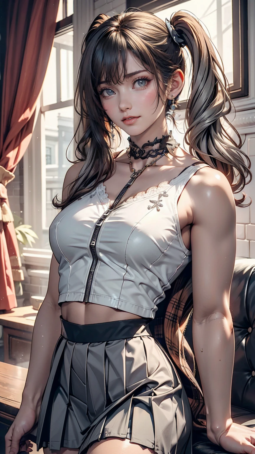 24-year-old female、Silver Hair、Twin tails、Sexy、Sexy proportions、High neck zipper up top with lace embellishment、Lower milk visible、Mini length pleated skirt、Choker with lace embellishment