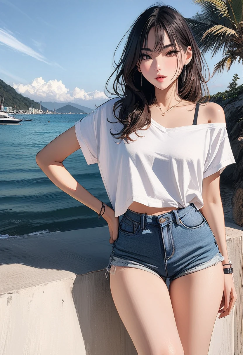 (8K, best quality, masterpiece:1,2), (actual, photo-actual:1,37), top quality, masterpiece, a beautiful woman, Women's short V-neck top white T-shirt Korean fashion women's T-shirt with tight open black jacket, Beautiful and toned body, split, Floral miniskirt, walking in the suburbs, Rainy night background, In a store with Korean shop lighting, night atmosphere, asphalt, Charming smile and dimples, anime style, white hair, Red eyes