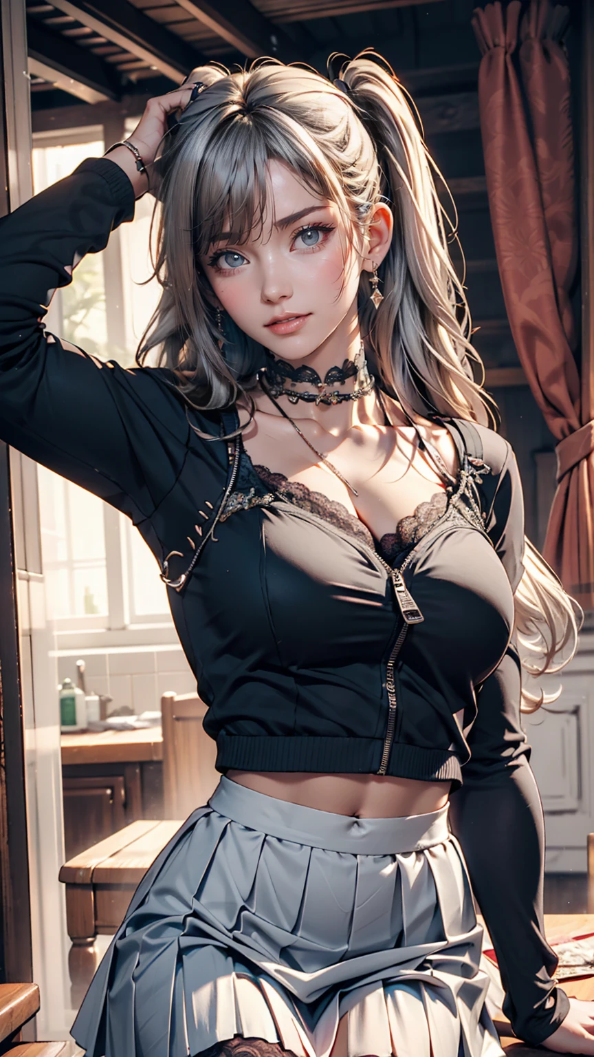 24-year-old female、Silver Hair、Twin tails、Sexy、Sexy proportions、High neck zipper up top with lace embellishment、Lower milk visible、Mini length pleated skirt、Choker with lace embellishment