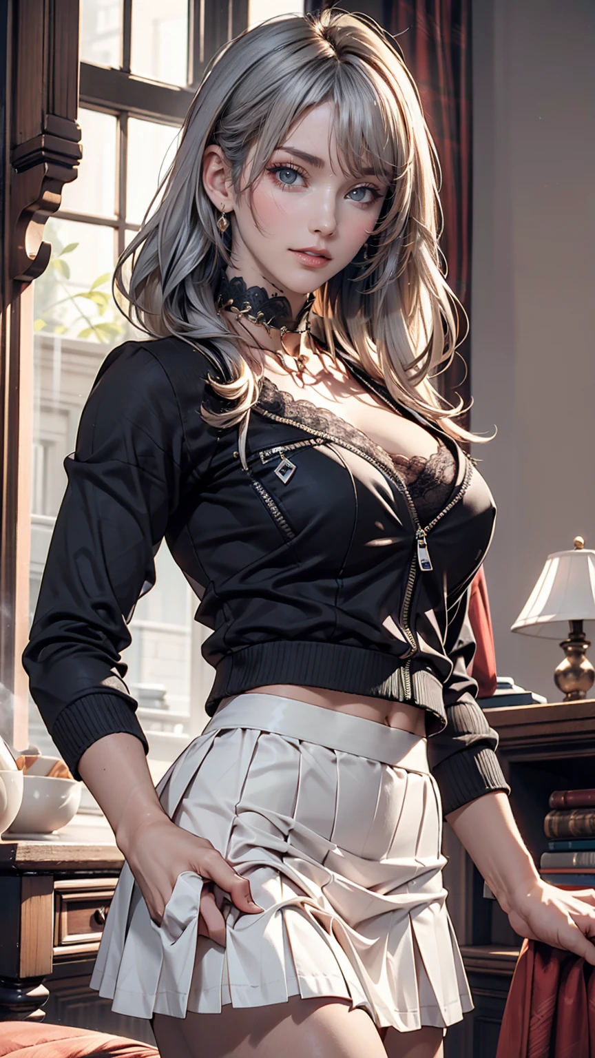 24-year-old female、Silver Hair、Twin tails、Sexy、Sexy proportions、High neck zipper up top with lace embellishment、Lower milk visible、Mini length pleated skirt、Choker with lace embellishment