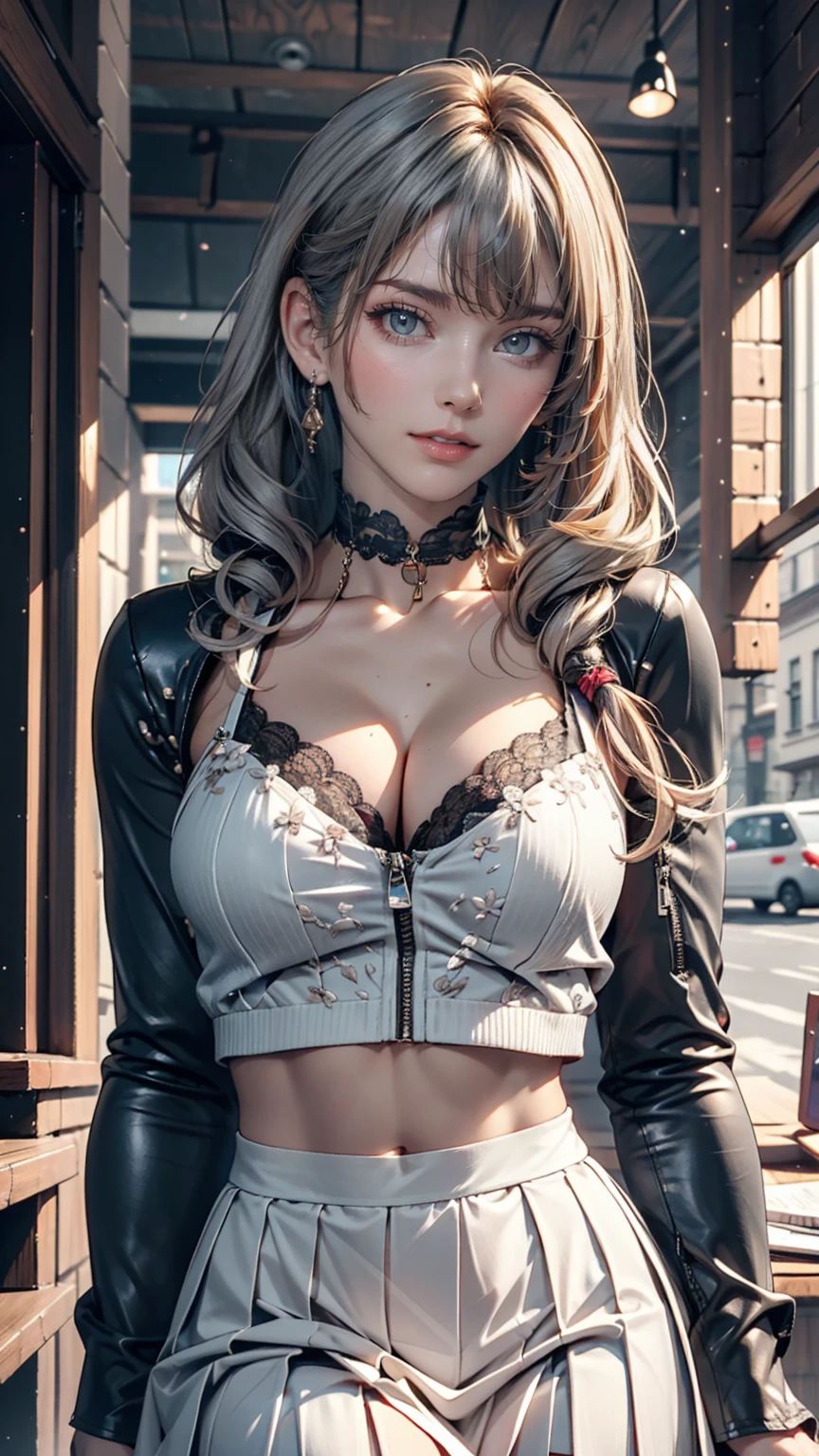 24-year-old female、Silver Hair、Twin tails、Sexy、Sexy proportions、High neck zipper up top with lace embellishment、Lower milk visible、Mini length pleated skirt、Choker with lace embellishment