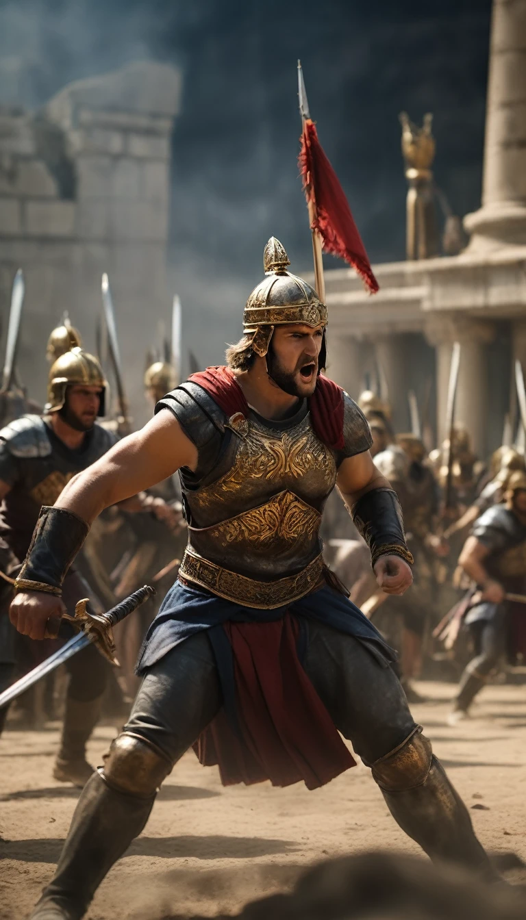 An intense moment capturing the pivotal turning point of the battle, with the Greeks rallying against the Persian onslaught, battle atmosphere background, hyper realistic, ultra detailed hyper realistic, photorealistic, Studio Lighting, wearing a gold crown, reflections, dynamic pose, Cinematic, Color Grading, Photography, Shot on 50mm lens, Ultra-Wide Angle, Depth of Field, hyper-detailed, beautifully color, 8k