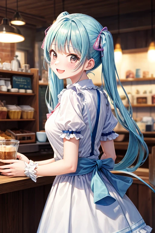 One woman,Twin tails,big tail,Cafe Waitress,eye_purple, light blueい髪,blush,light blueのロリータファッション,light blue_uniform,one piece,ストライプribbon,Frills,ribbon,Laughter,cute,Ocean