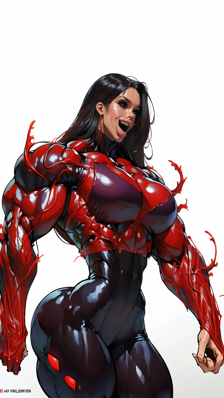 (beautiful girl face:1.45), megan fox as a beautiful vampiric girl with a muscular red carnage body, (mouth wide open with tongue out:1.25), (red carnage anatomic muscular bio-mecha muscle suit:1.25), (body totally covered in muscles, veins, tendons), (perfect muscular anatomy), (fake large breasts:1.25), (slim waist:1.25), (long hair:1.25), (perfect hands:1.25)
