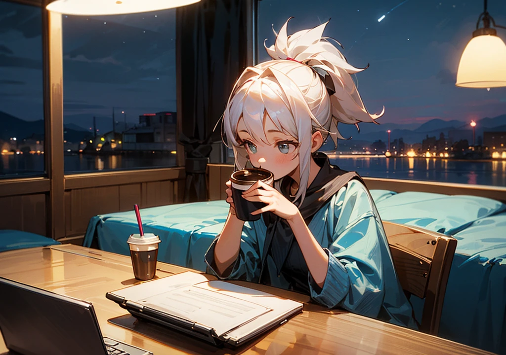 A girl drinking coffee and looking at a laptop in a room at night　